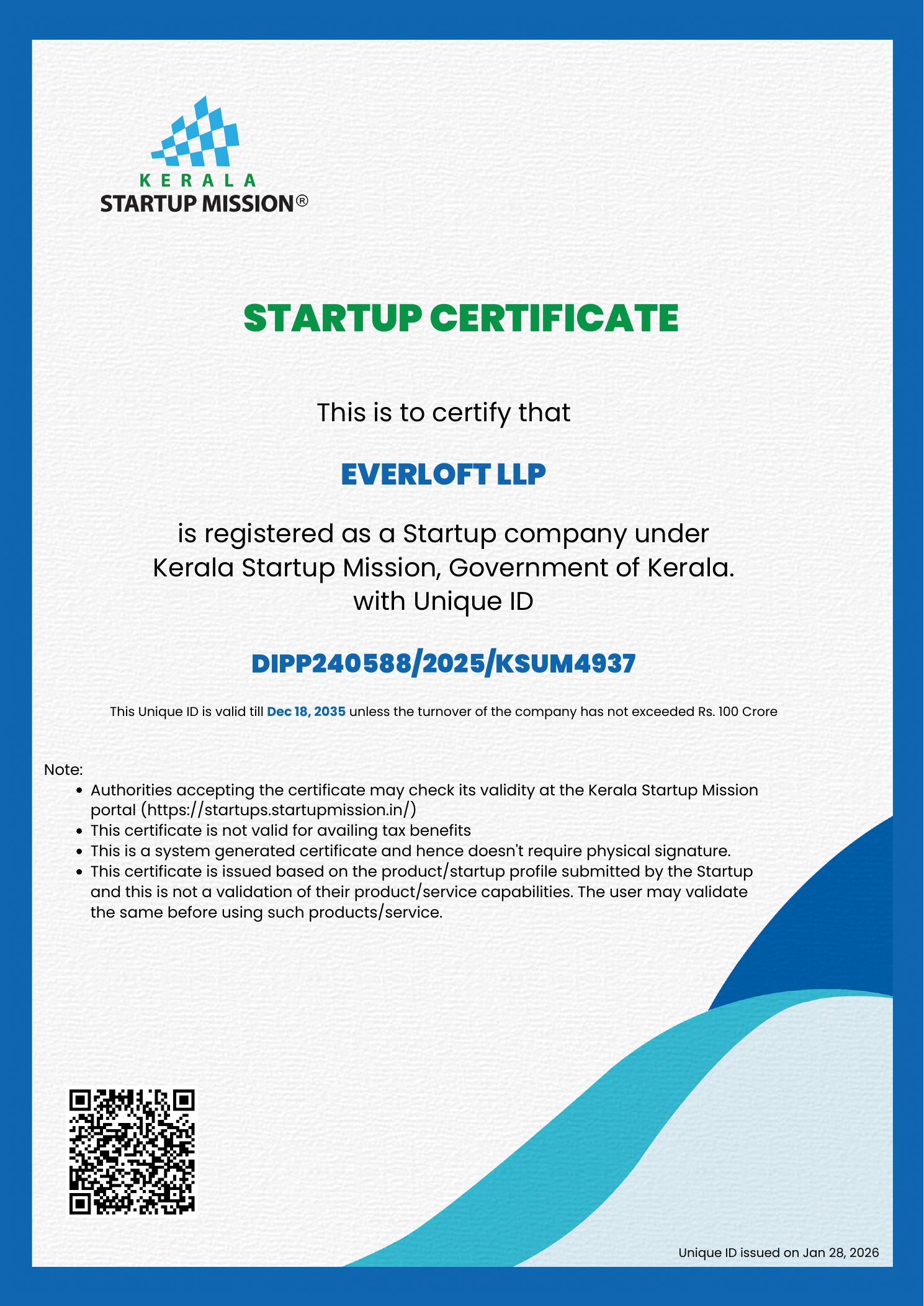 Kerala Startup Mission certificate preview for Everloft