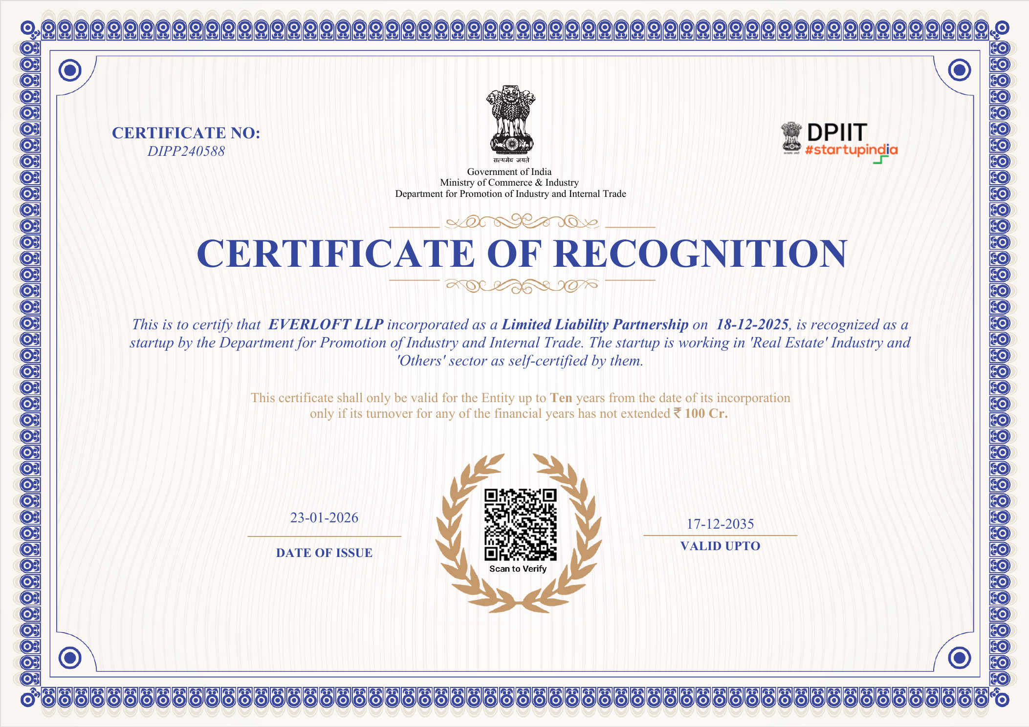 DPIIT certificate preview for Everloft